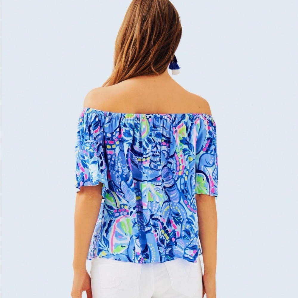 Lilly Pulitzer Blue Berri Pinch Off Shoulder Top Size S Ruffle Sleeve Blouse - Picture 5 of 7